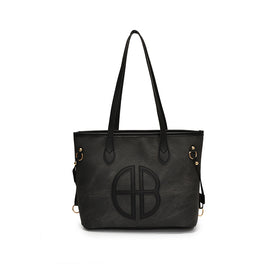 Stylish Large Capacity Tote Bag with PU Leather Trim & Logo Detail(black)