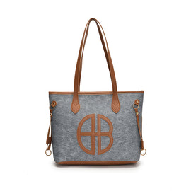 Stylish Large Capacity Tote Bag with PU Leather Trim & Logo Detail(Blue and Brown)