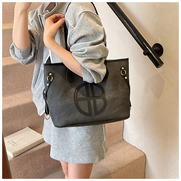 Stylish Large Capacity Tote Bag with PU Leather Trim & Logo Detail(Blue with black)