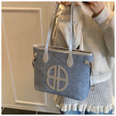 Stylish Large Capacity Tote Bag with PU Leather Trim & Logo Detail(Blue with Silver)-3