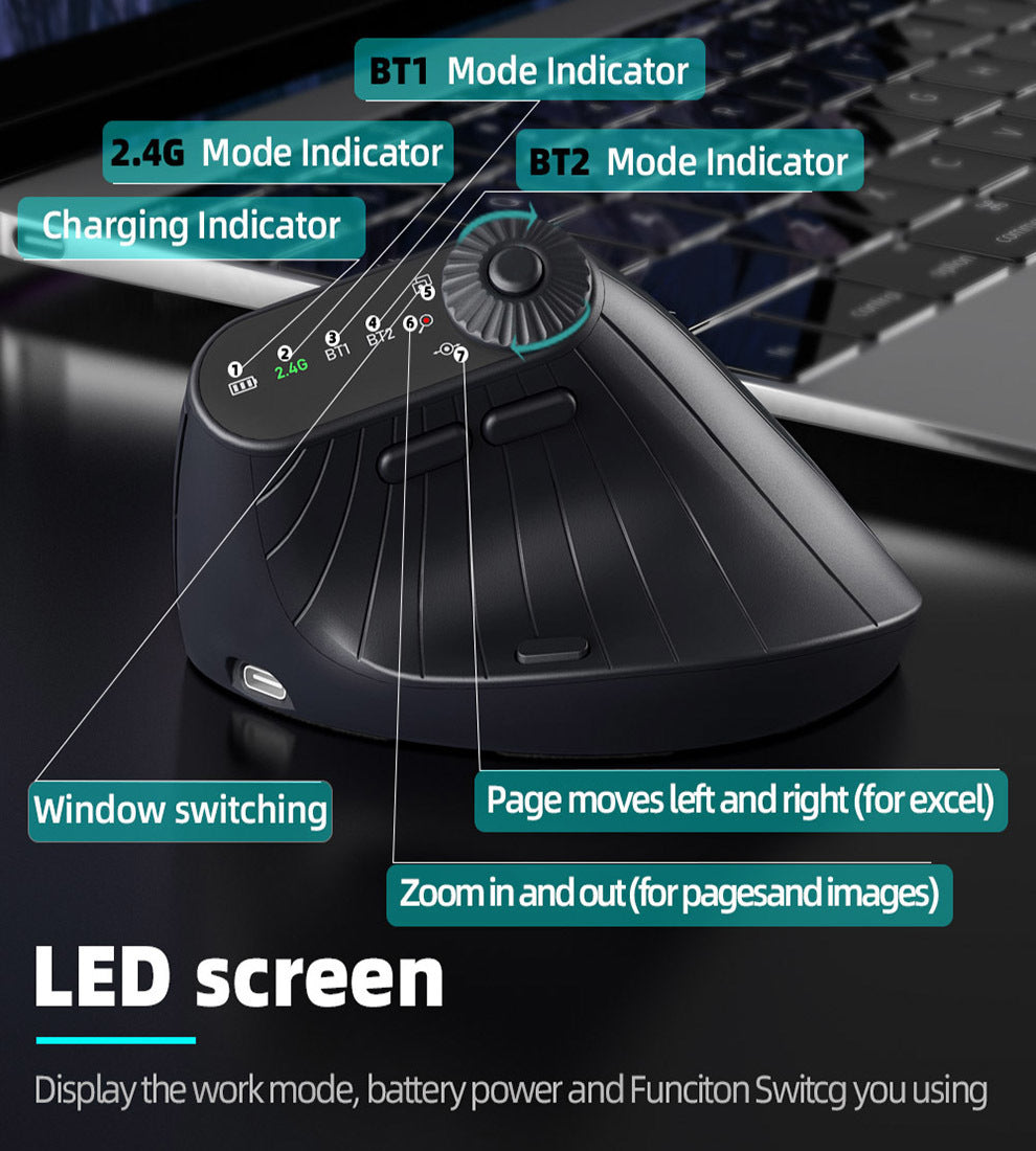 Ergonomic Vertical Mouse - 2.4G/Bluetooth Multi-Mode, LED Display, 57-Degree Angle, & 400mAh Battery(Purple)
