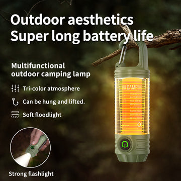Tri-Color Portable Camping Lantern & Flashlight - Rechargeable, 360°Ambient Light & Hook Design(Khaki) - 0