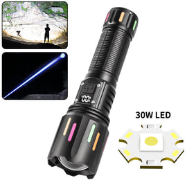 30W High Brightness LED Flashlight with Digital Display & Fluorescent Design - USB Rechargeable, 800-1200M Range(black+One 26650 battery) - 0