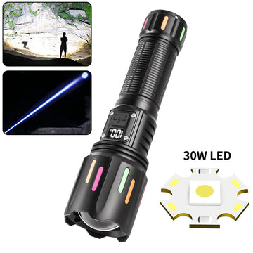 30W High Brightness LED Flashlight with Digital Display & Fluorescent Design - USB Rechargeable, 800-1200M Range(black+One 26650 battery) - 0