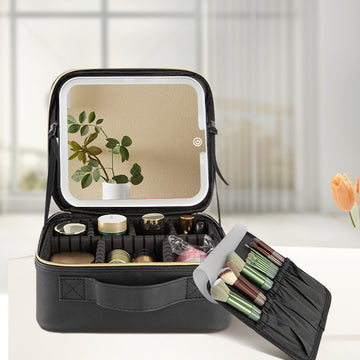Travel Makeup Case with LED Lighted Mirror - Adjustable Dividers & Brush Holder(black)