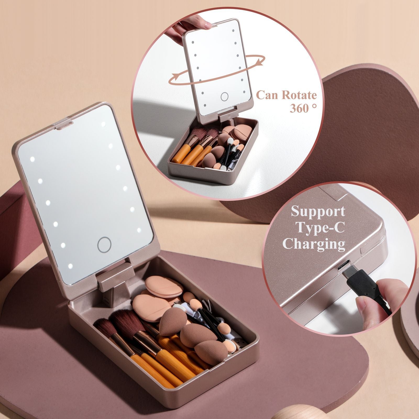 All-in-One Portable Makeup Brush Kit with LED Mirror Travel Case, Sponges & Applicators(pink)