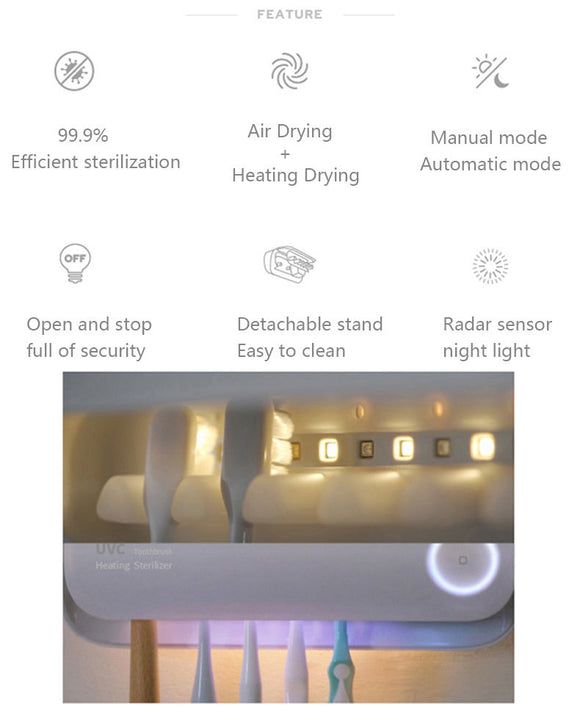 Smart UVC Toothbrush Sterilizer & Holder with Heat Drying, Radar Sensor Night Light(white)