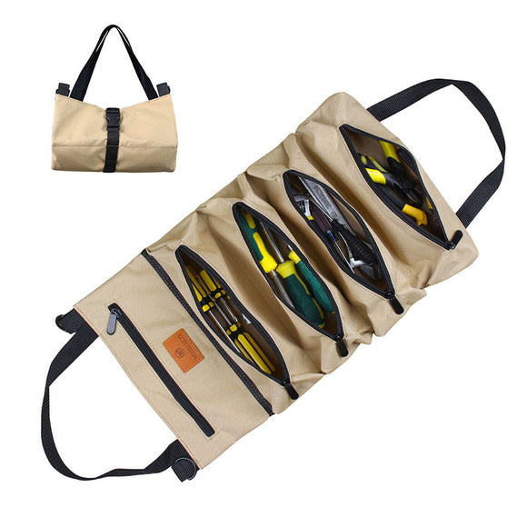 Heavy-Duty Canvas Tool Roll Up Bag & Organizer Tote - Multi-Pocket Wrench & Tool Pouch(Khaki)