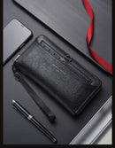Black Classic Long Zipper Wallet Clutch - Large Capacity PU Leather Phone & Card Holder with Wrist Strap-1