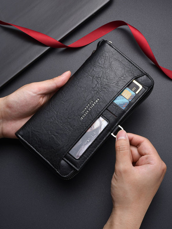 Black Classic Long Zipper Wallet Clutch - Large Capacity PU Leather Phone & Card Holder with Wrist Strap