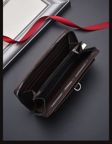 Coffee Classic Long Zipper Wallet Clutch - Large Capacity PU Leather Phone & Card Holder with Wrist Strap - 0