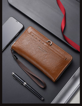 Brown Classic Long Zipper Wallet Clutch - Large Capacity PU Leather Phone & Card Holder with Wrist Strap