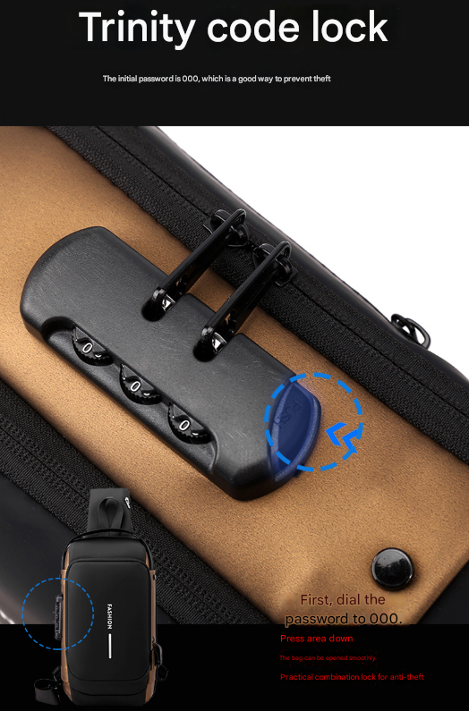 Black and Brown Men's Anti-Theft Crossbody Sling Bag with USB Charging Port & Combination Lock