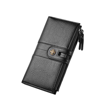 Black Men's Vintage PU Leather Long Wallet - High Capacity Dual Zipper Clutch with Phone & Card Slots