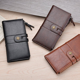 Black Men's Vintage PU Leather Long Wallet - High Capacity Dual Zipper Clutch with Phone & Card Slots - 0