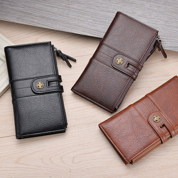 Black Men's Vintage PU Leather Long Wallet - High Capacity Dual Zipper Clutch with Phone & Card Slots - 0