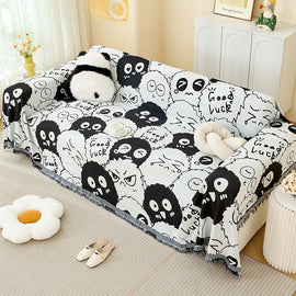 Black and white Ball Pattern Soft Waffle Weave Throw Blanket - Boho Style Cotton Blend Sofa Cover with Fringe 180x340cm