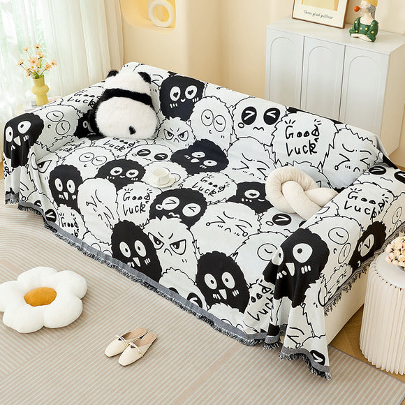 Black and white Ball Pattern Soft Waffle Weave Throw Blanket - Boho Style Cotton Blend Sofa Cover with Fringe 180x340cm