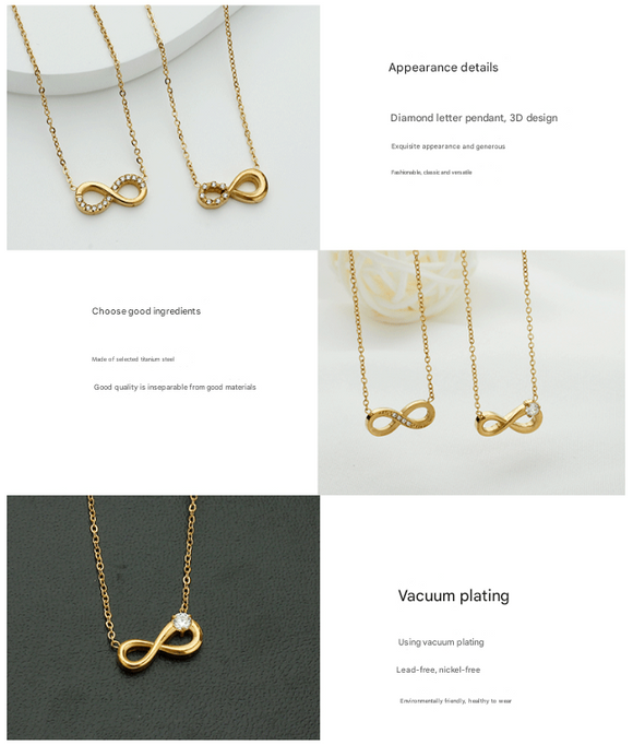 Style 8 Gold Infinity Necklace for Women - Dainty Titanium Steel Pendant with Sparkling Cubic Zirconia