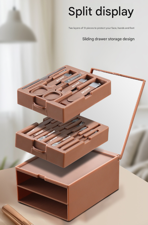 Yellow Premium 13-in-1 Manicure & Grooming Kit - Professional Carbon Steel Pedicure Set with Dual-Drawer Case & Mirror