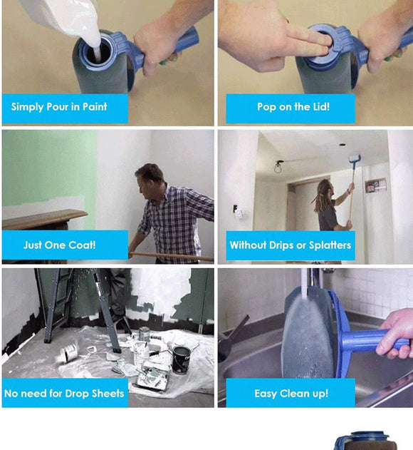 Dark Blue and Grey Pro Refillable Paint Roller Set with Extension Pole - No-Drip Easy Fill Wall Painting Tool Kit