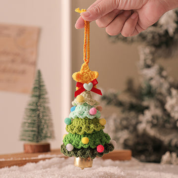 2 Pcs Style C Yellow and Green Handmade Crochet Christmas Tree Ornament - Festive Hanging Decoration with Jingle Bell