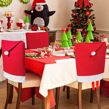 Red Festive Santa Hat Dining Chair Covers - Set of 8 for Holiday Party Decoration - 0
