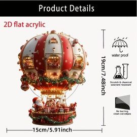 Red Whimsical Santa's Hot Air Balloon Ornament - 2D Flat Acrylic Hanging Decoration for Wall & Tree - 0