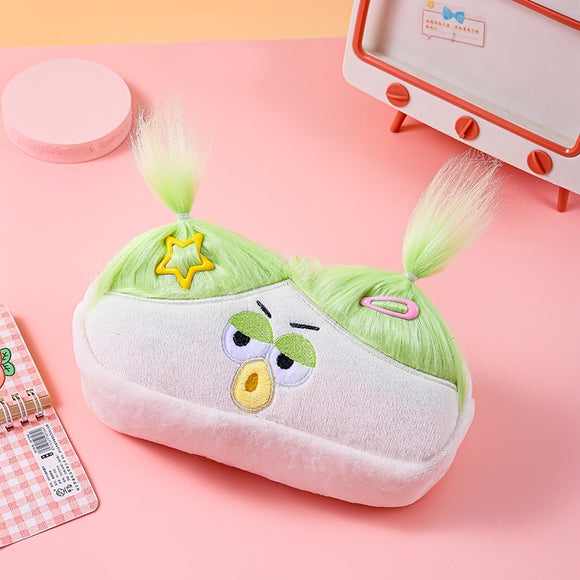 Beige and Light Green Hair Cute Plush Monster Pencil Case - Fluffy Stationery Pouch with DIY Styleable Hair for Kids