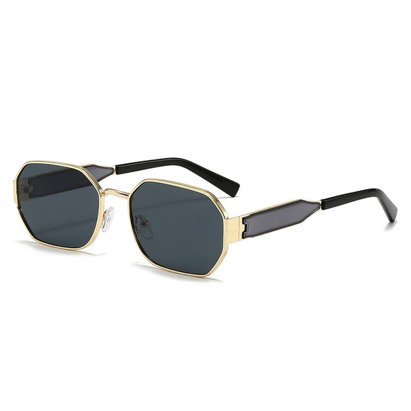 Gold Frame and Black Grey Lenses Modern Retro Geometric Sunglasses - Chic Metal Frame with UV400 Lenses and Black PU Leather Protective Case