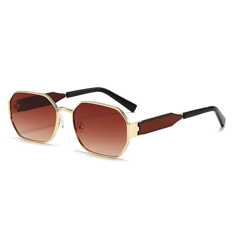 Gold Frame and Brown Lenses Modern Retro Geometric Sunglasses - Chic Metal Frame with UV400 Lenses and Black PU Leather Protective Case