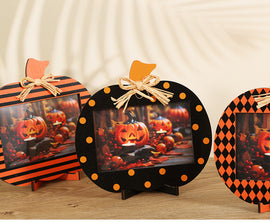 Black and Orange Plaid Pattern Festive Pumpkin Photo Frame - Rustic Halloween Tabletop Picture Holder - 0