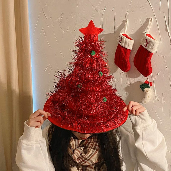 Red Sparkly Tinsel Christmas Tree Hat - Festive Holiday Party Headwear for Adults & Kids