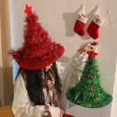 Green Sparkly Tinsel Christmas Tree Hat - Festive Holiday Party Headwear for Adults & Kids-3