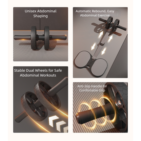 Grey Assisted Rebound Ab Roller with Foldable Knee Pad - Dual Wheel Core Trainer for Home Gym