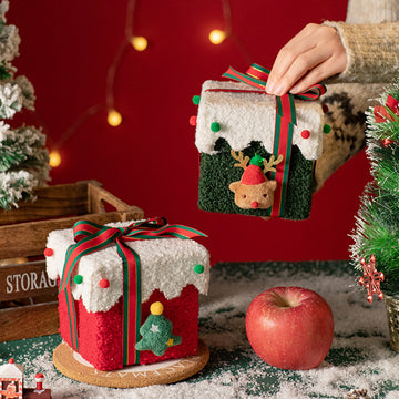 Red and Green Luxe Plush Christmas Gift Box - Decorative Holiday Treat Box with Snowy Trim - 0