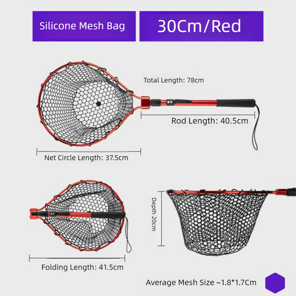 Red High Strength Large Landing Net - Fishing Net with Foldable Handle and Soft Rubber Netting, Dip Net for Fishing, Ideal for Boat, Pier, River Angling