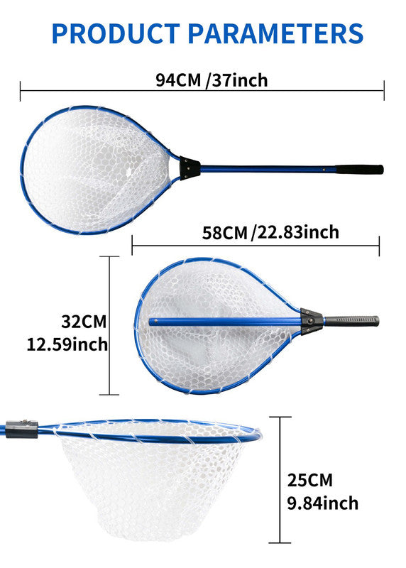 Red High Strength Large Landing Net - Fishing Net with Long Foldable Handle and Soft Rubber Netting, Dip Net for Fishing, Ideal for Boat, Pier, River Angling