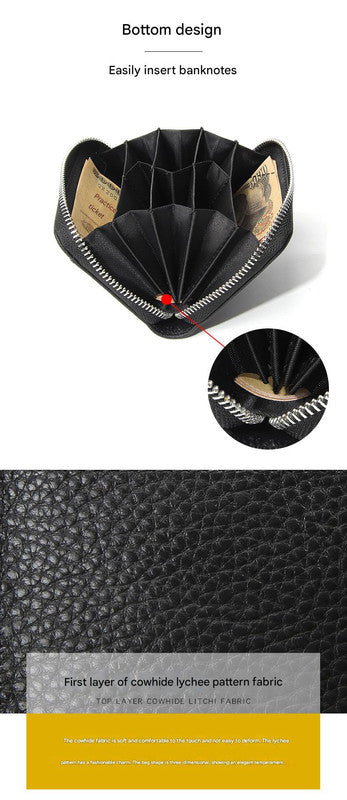 Genuine Leather RFID Blocking Accordion Card Holder & Coin Purse - Large Capacity Zip Wallet(black)