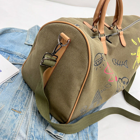 Large Capacity Canvas Travel Duffel Bag with Doodle Print - Weekend & Gym Tote(Green)
