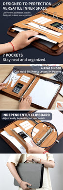 Professional PU Leather A4 Portfolio Binder with Zipper, Handle, Calculator & Clipboard(brown)-7