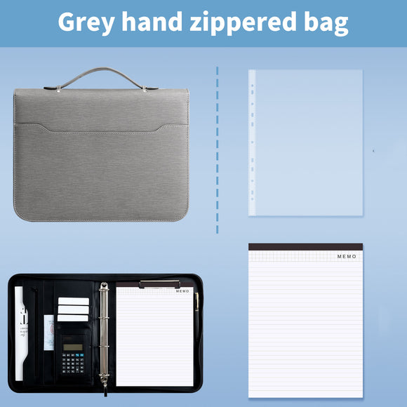 Professional PU Leather A4 Portfolio Binder with Zipper, Handle, Calculator & Clipboard(grey)