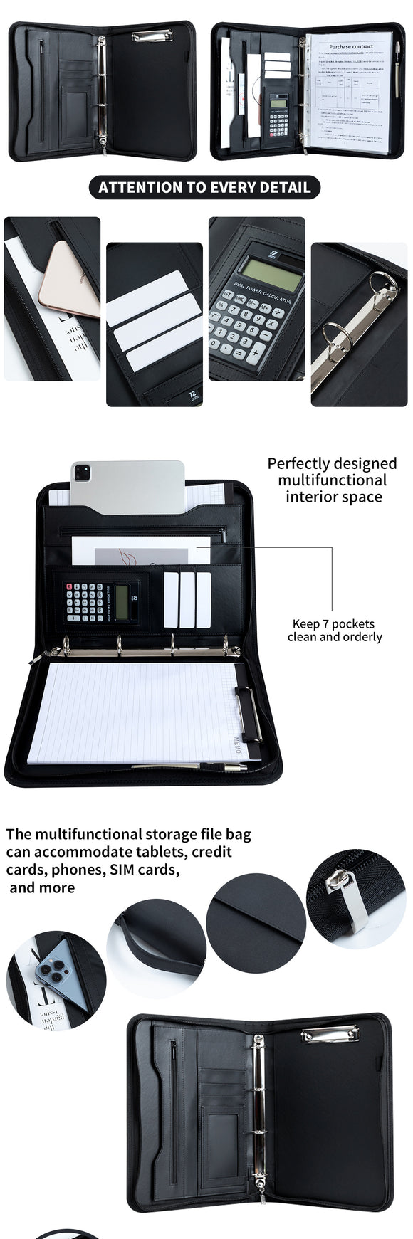 Professional PU Leather A4 Portfolio Binder with Zipper, Handle, Calculator & Clipboard(grey)