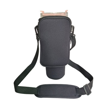 Black Crossbody Tumbler Carrier with Detachable Wallet Pouch and Adjustable Strap
