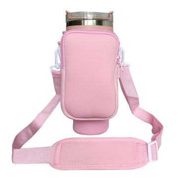 Pink Crossbody Tumbler Carrier with Detachable Wallet Pouch and Adjustable Strap