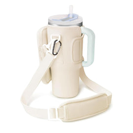 Beige Crossbody Tumbler Carrier with Detachable Wallet Pouch and Adjustable Strap