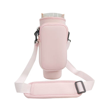 Light-pink Crossbody Tumbler Carrier with Detachable Wallet Pouch and Adjustable Strap