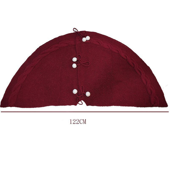 Festive Knit Christmas Tree Skirt - Acrylic Red Tree Mat with Pom-Poms 122cm