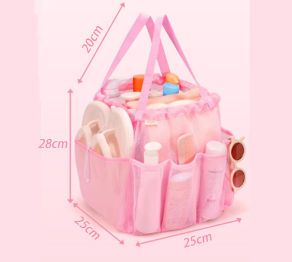 Black Large Multi-Pocket Mesh Beach Tote Bag - Quick-Dry Travel & Gym Organizer with Drawstring Closure