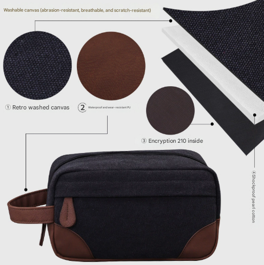 Navy Blue Men's Vintage Canvas Toiletry Bag PU Leather Accent Travel Wash Pouch Large Capacity Shaving Kit Organiser